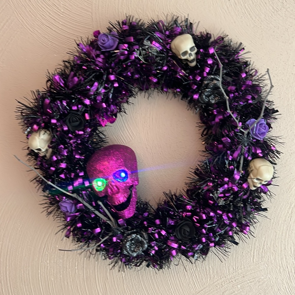 Homemade Purple and Black Halloween Wreath with Skulls